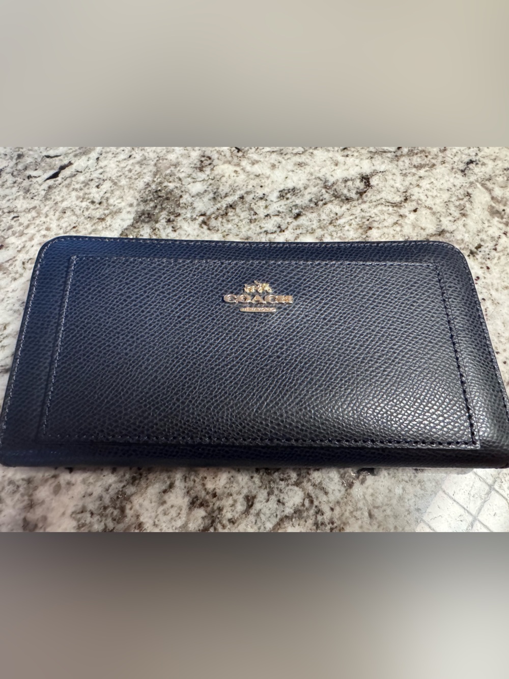 Coach Navy Pebbled Leather Zip Wallet with Gold Logo new w/o tags